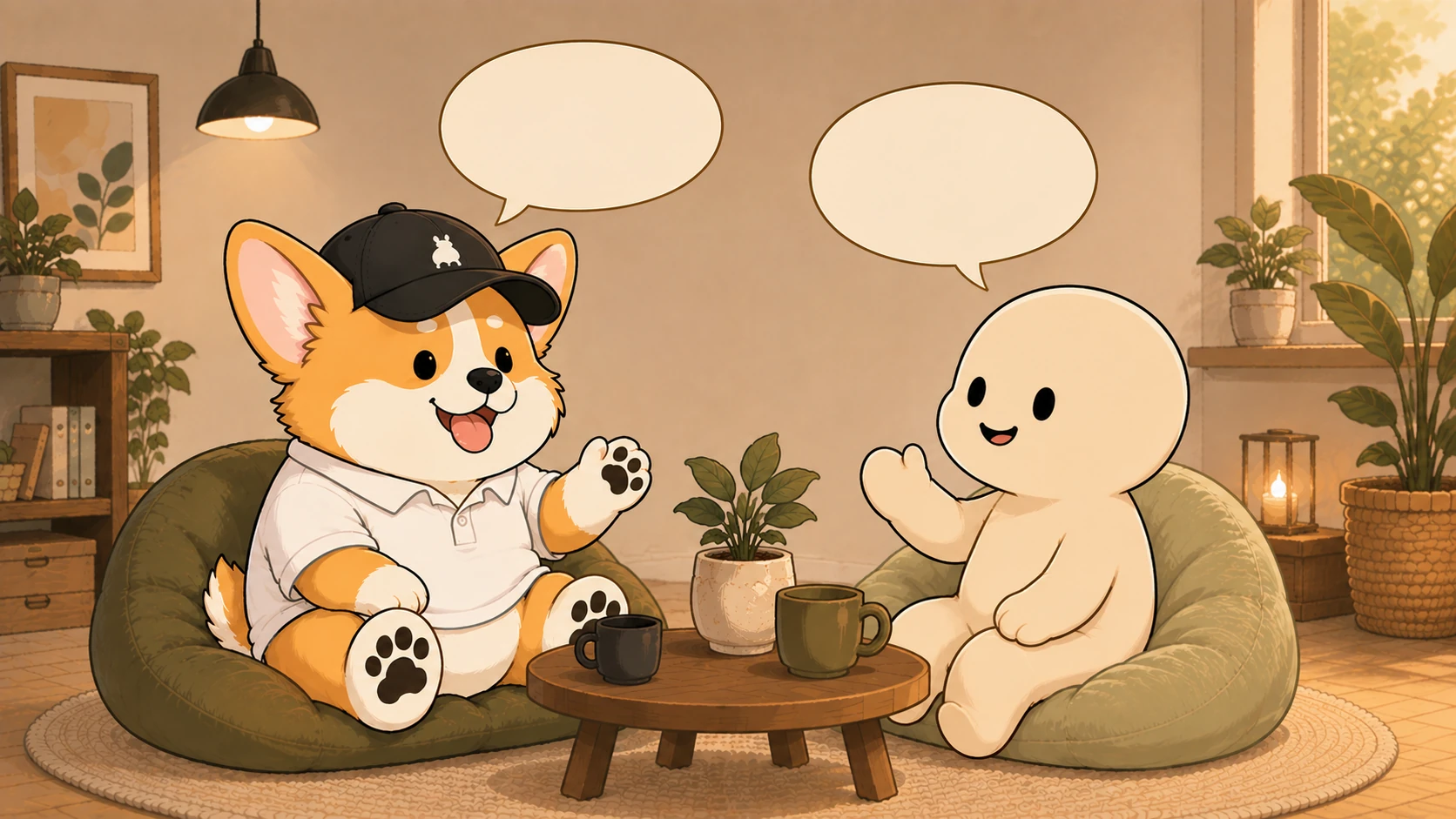 コーギーと相手のキャラクターが会話するイラスト