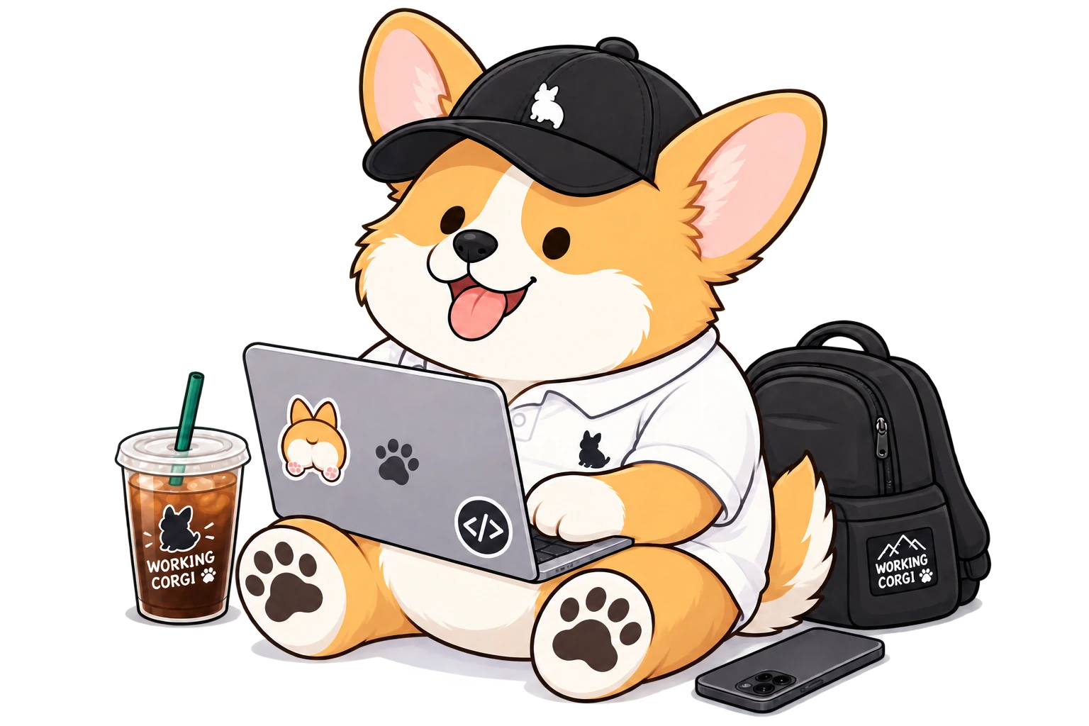 ノートパソコンで作業するコーギーのイラスト