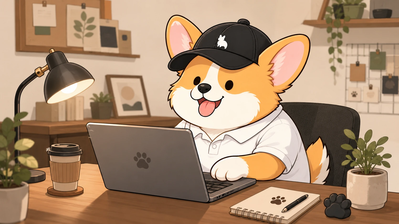 ノートパソコンで個人サイトを作るコーギーのイラスト